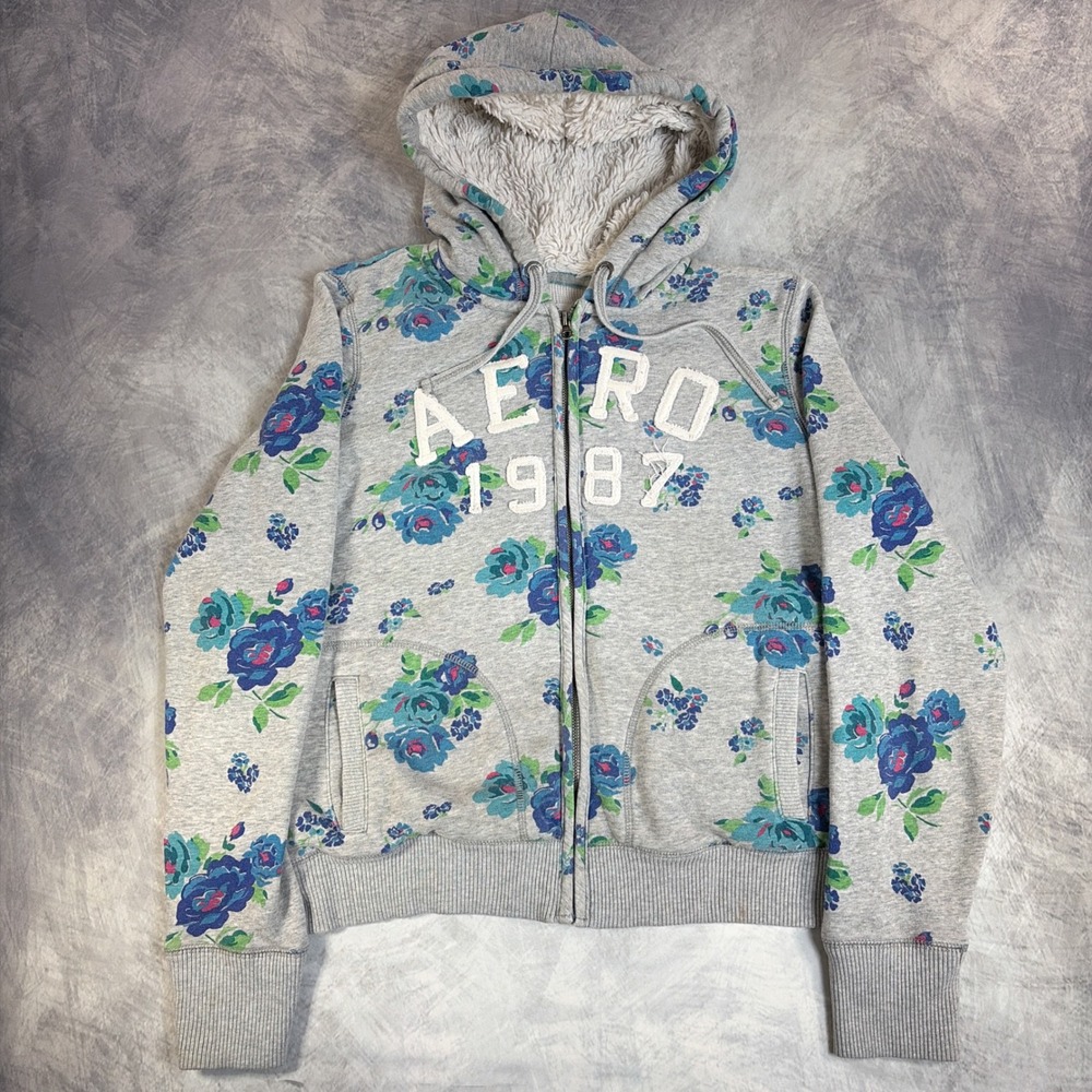 Aeropostale Zip Up Hoodie Womens XL Gray Blue Floral Faux Fur Lined Thermal